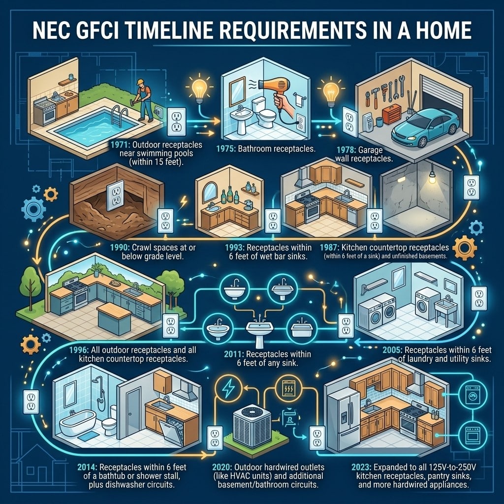 GFCI requirements by year based on the NEC code