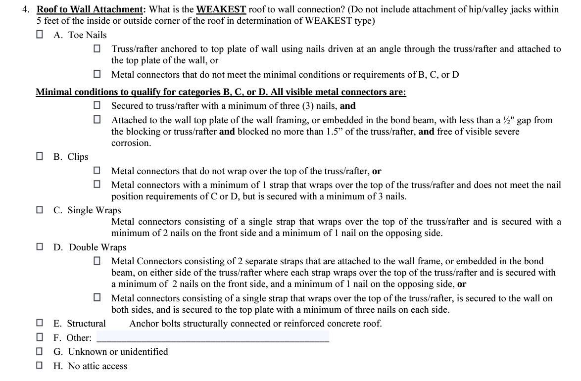 Roof to Wall attachment section of the wind mitigation form
