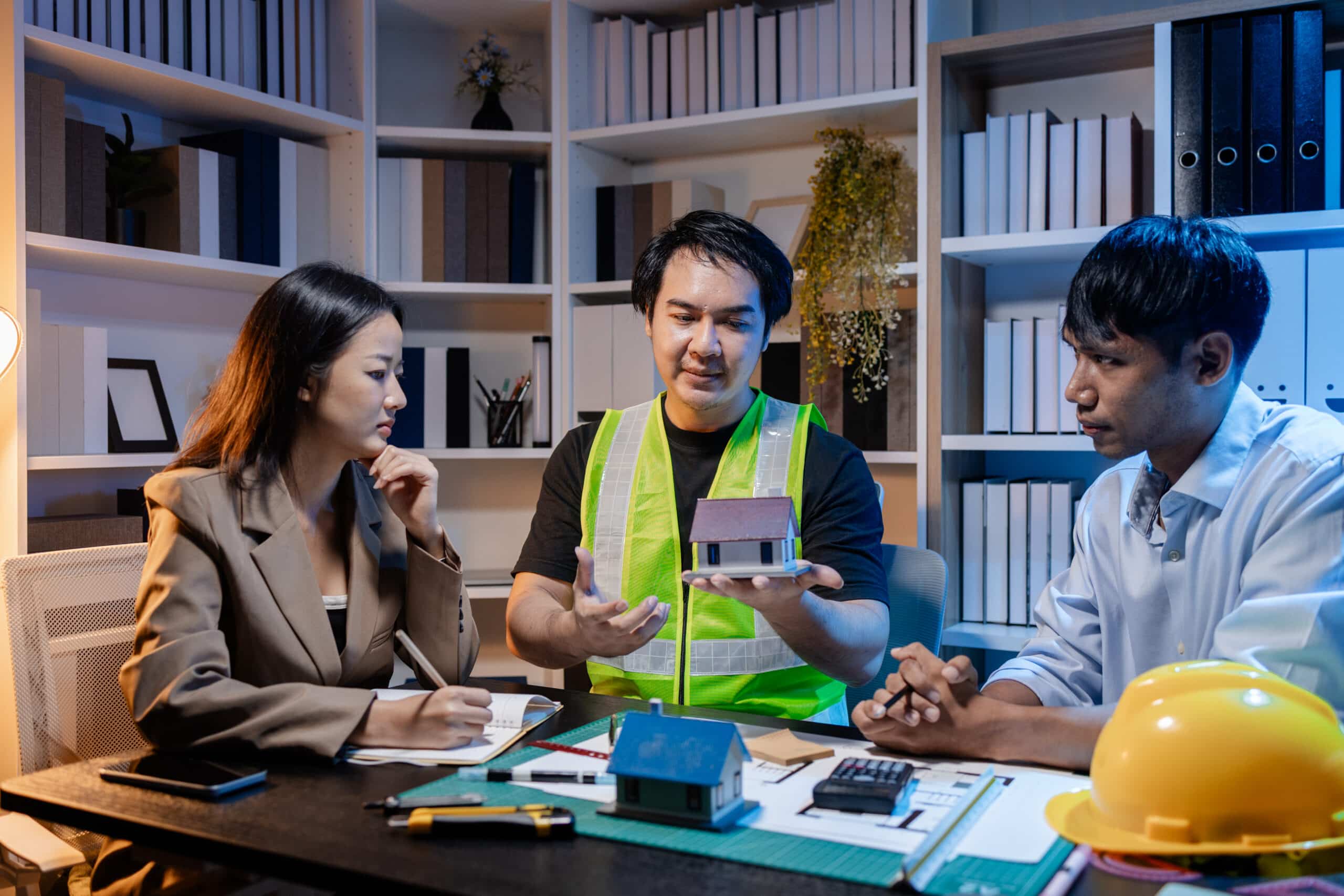 architects and engineers work together in an office to review blueprints, exchange ideas, and refine their building plans for a contemporary construction project in an urban setting.